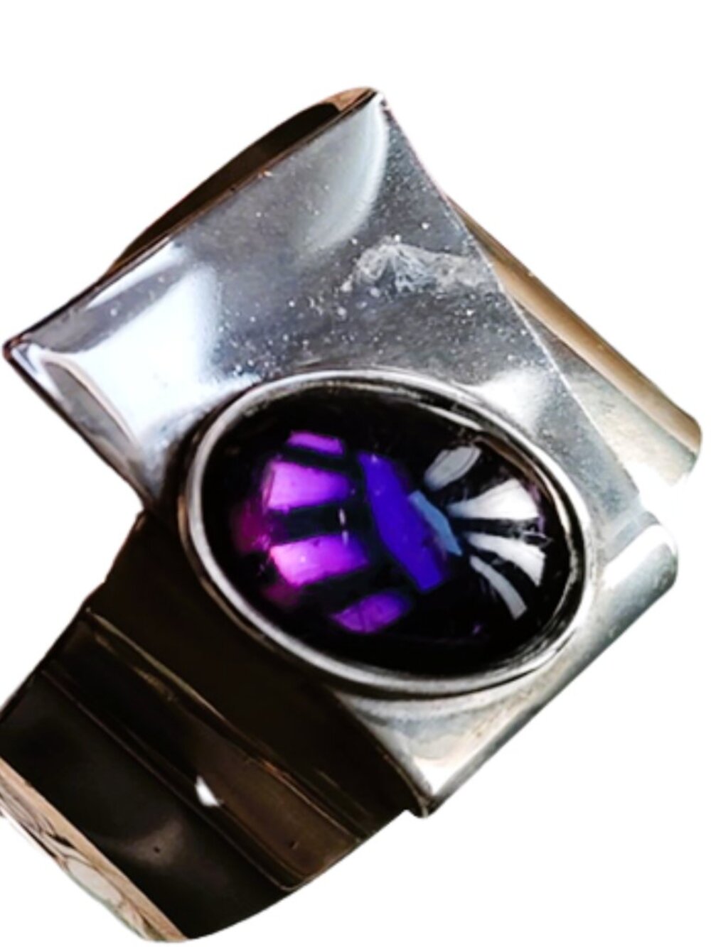 1990s Vintage Large Geometric Chrome Cuff Bracelet With A Purple Glass Stone - Picture 6 of 9